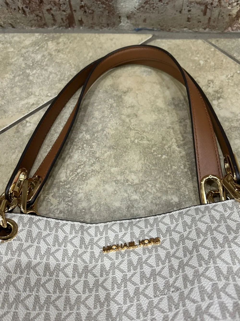 Michael Kors Cream and Brown Logo-Print Tote with Gold Hardware - Picture 10 of 11